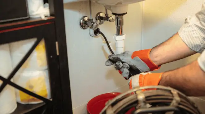 Drain cleaning technician using a motorized plumbing snake to clear a clogged sink pipe in Glendale, AZ