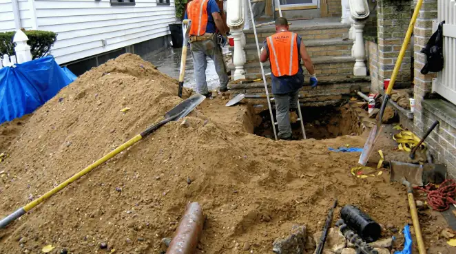 Contractors performing foundation protection and exterior drainage excavation near residential home steps in Glendale, AZ